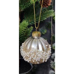 Julekugle/glaskugle til ophng, hvid og lys slv m. riller og perler ass.